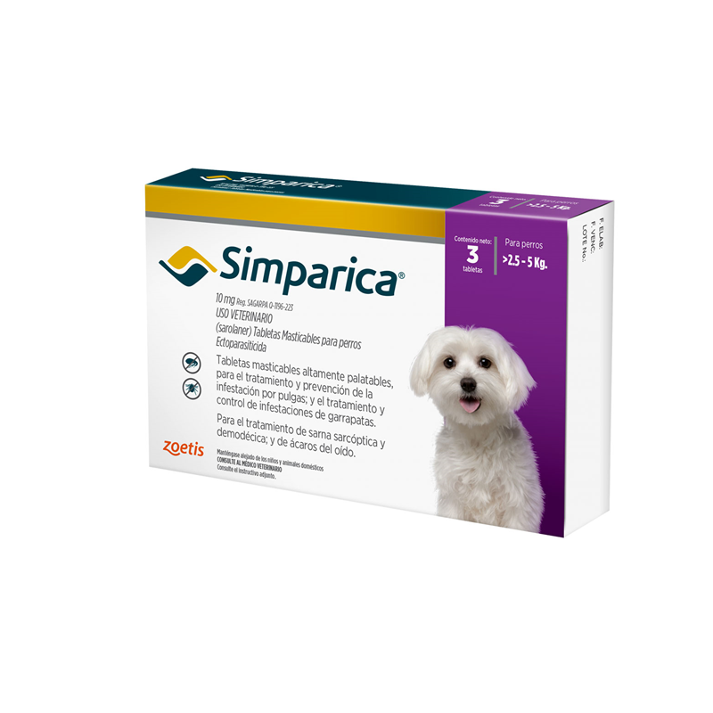 Simparica Antiparasitario 10mg 2.5 a 5kg 3comp