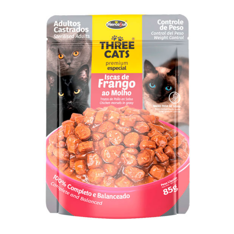 THREE CATS STERILISED ADULT TROCITOS DE POLLO EN SALSA 85G