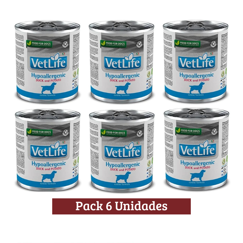 Pack Vet Life Dog Hypoallergenic Duck Lata x 6u 300g