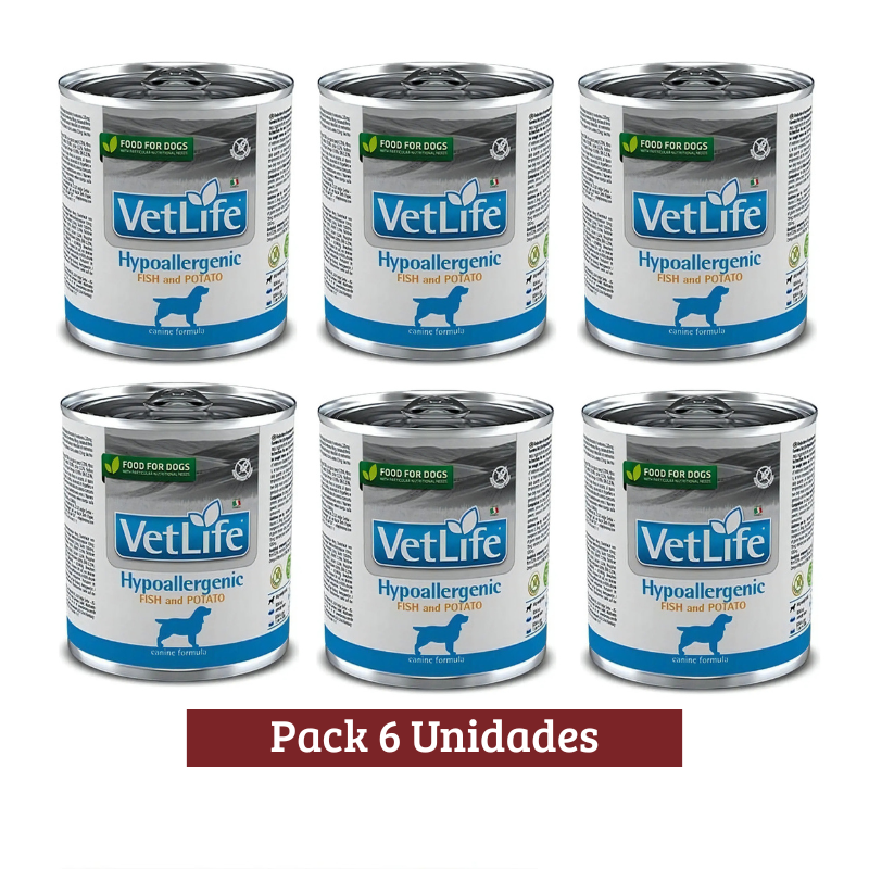 Pack Vet Life Dog Hypoallergenic Fish Lata X 6u 300g
