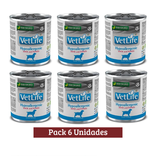 Pack Vet Life Dog Hypoallergenic Duck Lata x 6u 300g