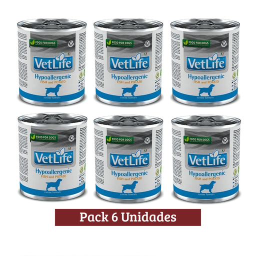 Pack Vet Life Dog Hypoallergenic Fish Lata X 6u 300g