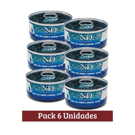 Pack N&amp;D Ocean Lata Atun Bacalao Camaron y Calabaza Kitten X 6u 70g